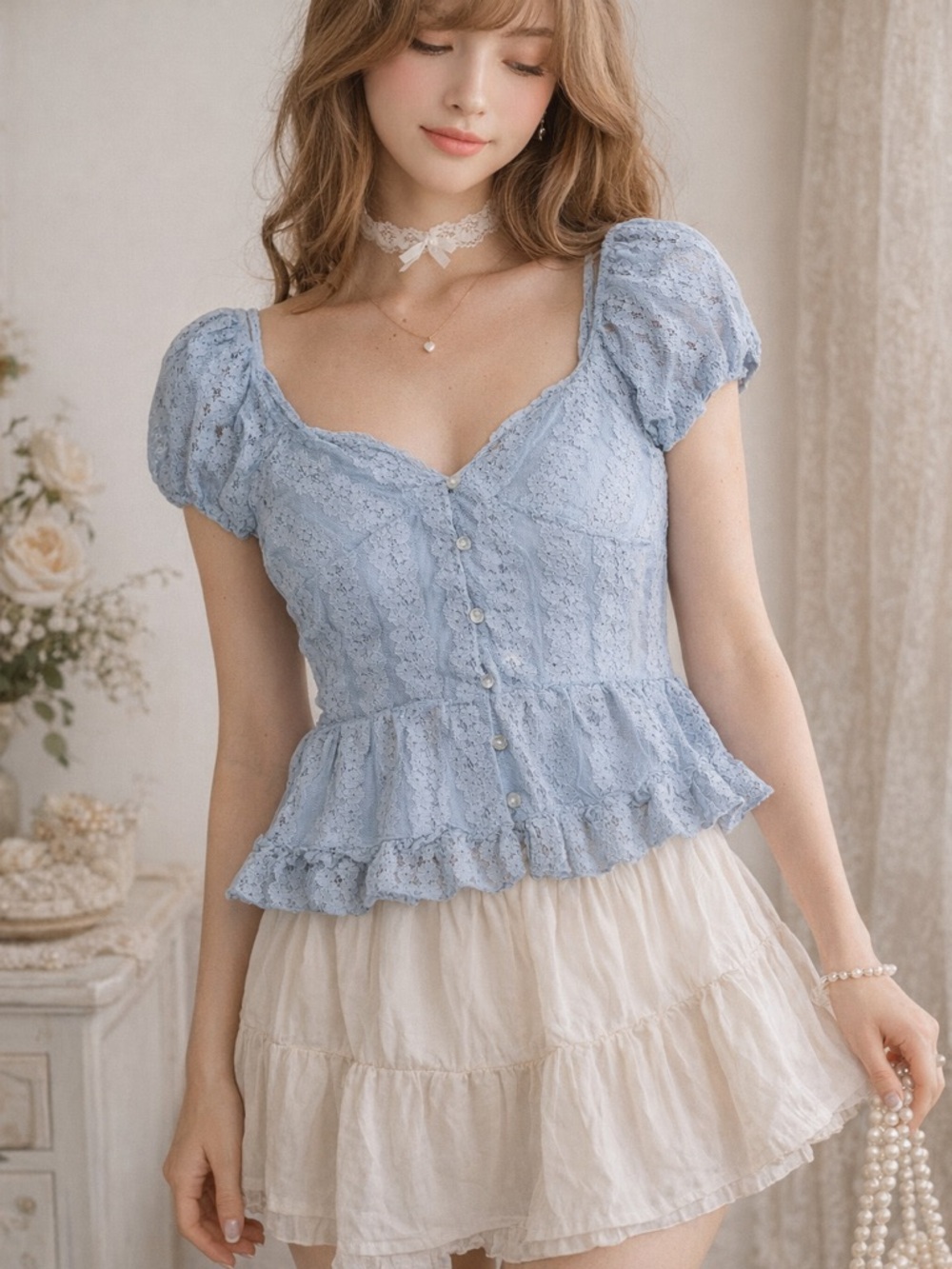 La Peche Blue Lace Babydoll Top XL Coquette Cottagecore Ruffle Blouse Soft Girl